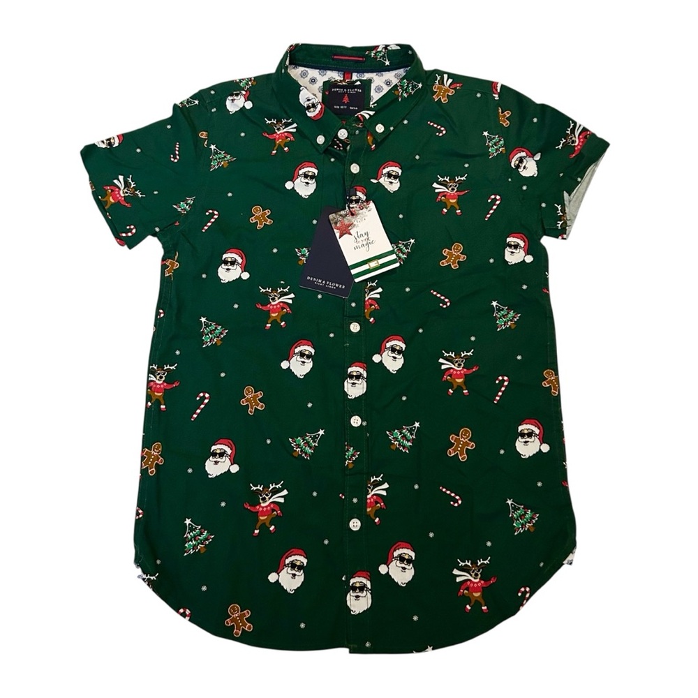 🆕 Denim & Flower Ricky Singh Green Holiday Button Up Shirt Santa AOP Sz 10/11